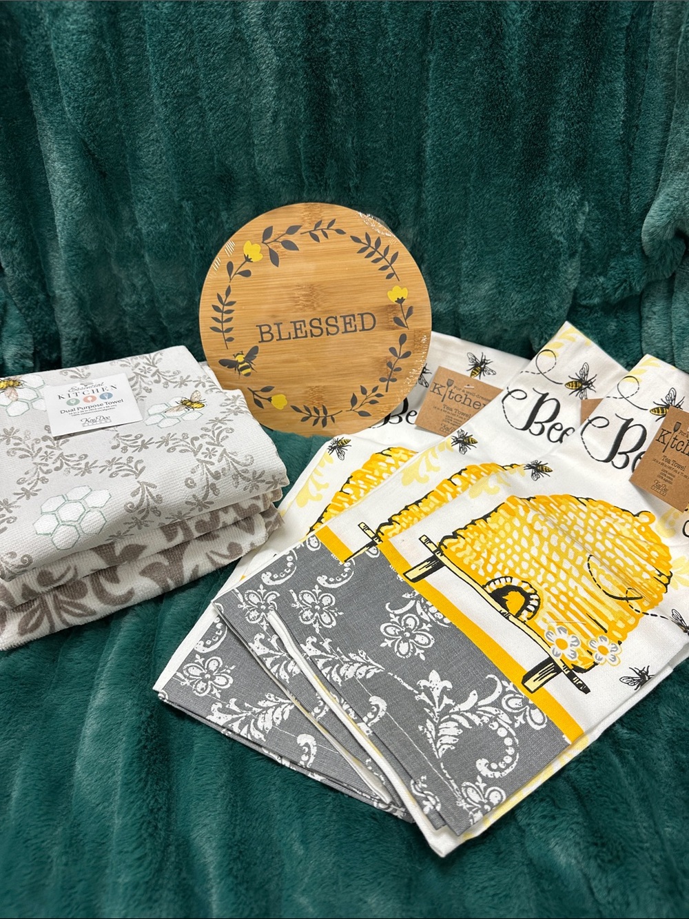 Kitchen Collection Tea Towels and Decorative Trivet - Yellow & Gray